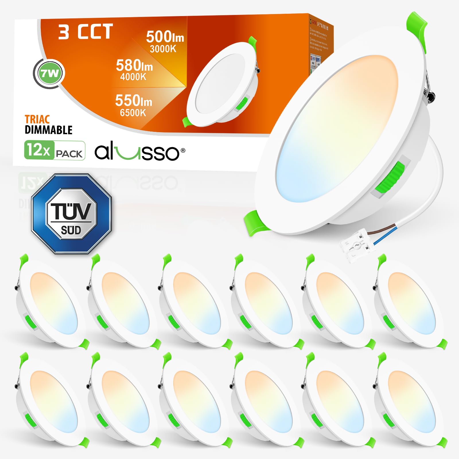 ALUSSO LED Einbaustrahler Ultra Flach 7W 230V Dimmbar 580lm 30mm Einbautiefe Warmweiß 3000K Neutralweiß 4000K Kaltweiß 6500K IP44 12er Set