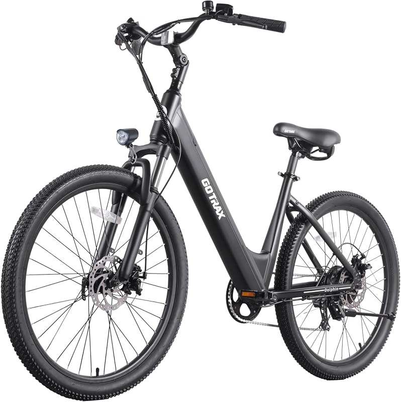 Gotrax Dolphin Bicicleta eléctrica paso a paso de 26" para adultos, máximo 30 millas y 20 mph | Motor pico de 500 W, alcance de 30 millas en modo asistido por pedaleo, 7 velocidades y modo impulso, suspensión delantera, 5 niveles de asistencia, frenos de disco doble