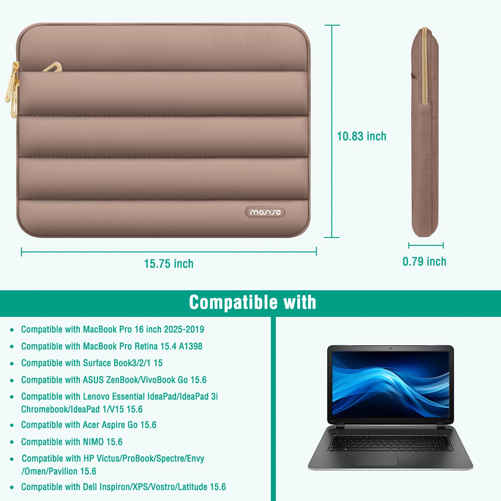 MOSISO Housse Ordinateur Portable Bouffi 16 Pouces, Compatible avec MacBook Pro 16, HP Dell ASUS Acer Toshiba Lenovo Notebook Computer, Pochette Horizontal Polyester avec Petit Sac,Marron