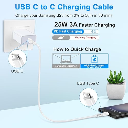 Miniatura 2 de Cable de carga de teléfono USB C a tipo C, cable de alimentación de carga rápida, paquete de 2 cables largos de carga automática de 6 pies para