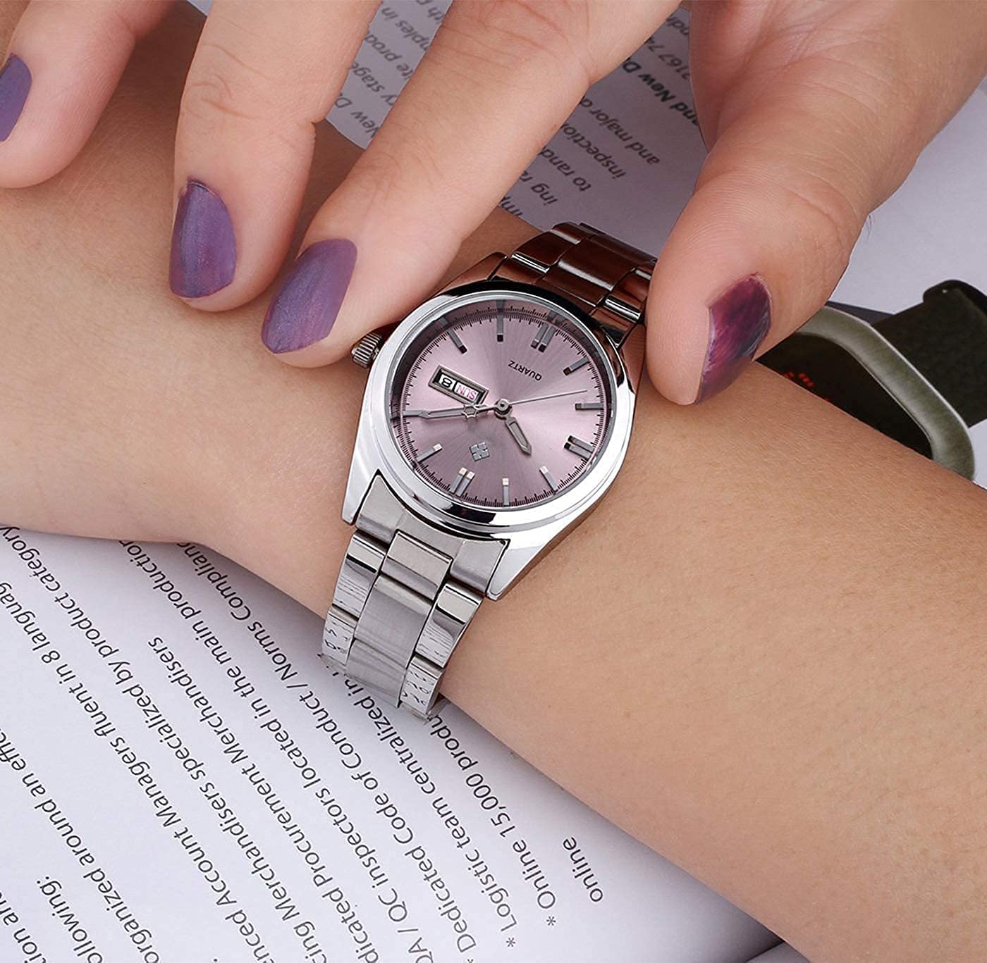 Relojes para mujer, analógico, de cuarzo plateado, de acero inoxidable, luminoso, impermeable, para mujer, Rosado, Movimiento de cuarzo 5