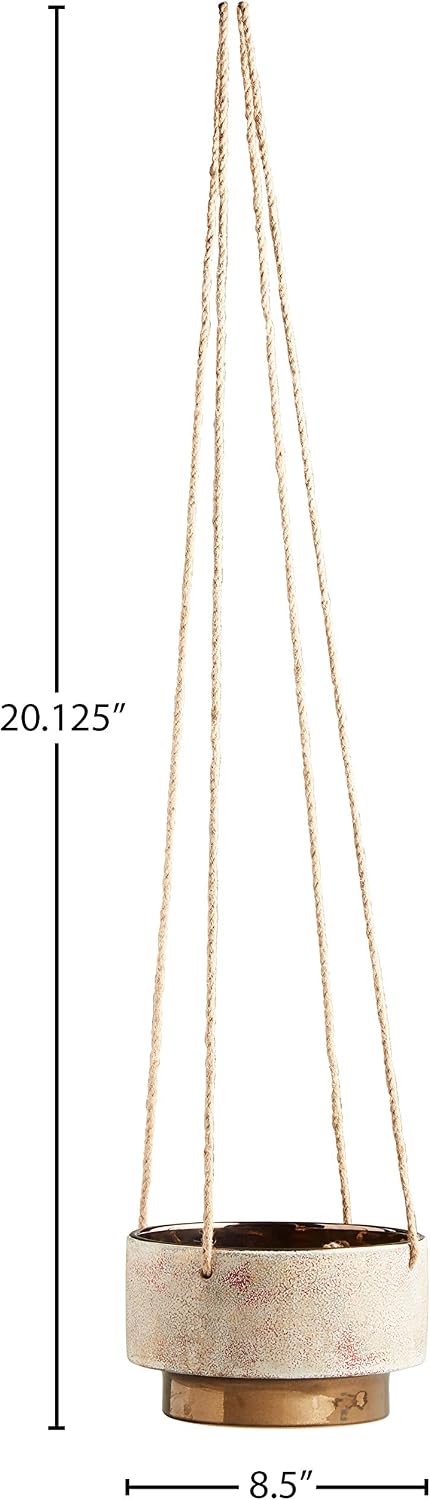 Amazon Brand – Rivet Mid-Century Modern Stoneware Indoor Hanging Planter Flower Pot with Rope, 5"H, Speckled White and Gold