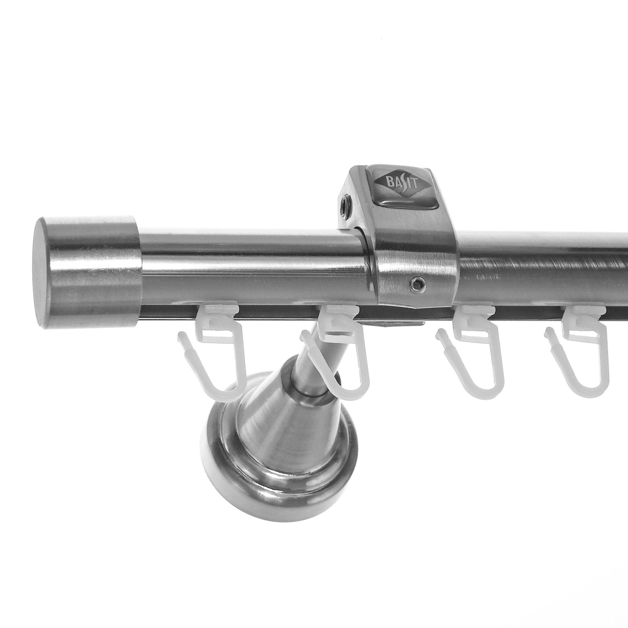 BASIT Gardinenstange Innenlauf Edelstahllook 20mm 1-läufig Wand 320cm H50I | Gardinenstangenset einläufig Wandmontage Metall Vorhangstange Wandhalterung 120-600cm wählbar Kappe E30