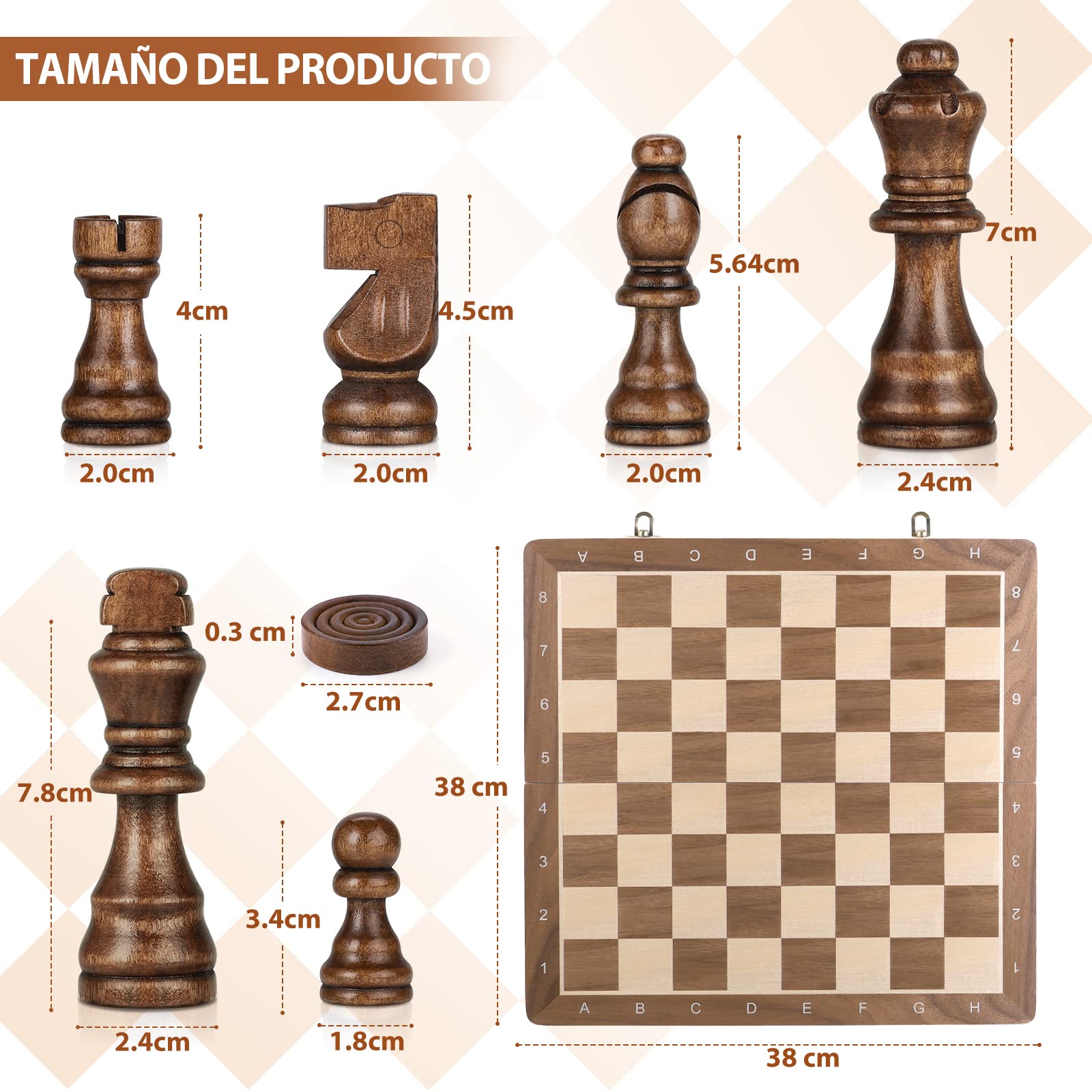 Peradix 2 en 1 Ajedrez Magnético y Damas, Ajedrez Madera 38 X 38CM, con 2 Reinas Extra, Plegable y Fácil de Llevar, Regalos Ideales y Juegos del Aire Libre
