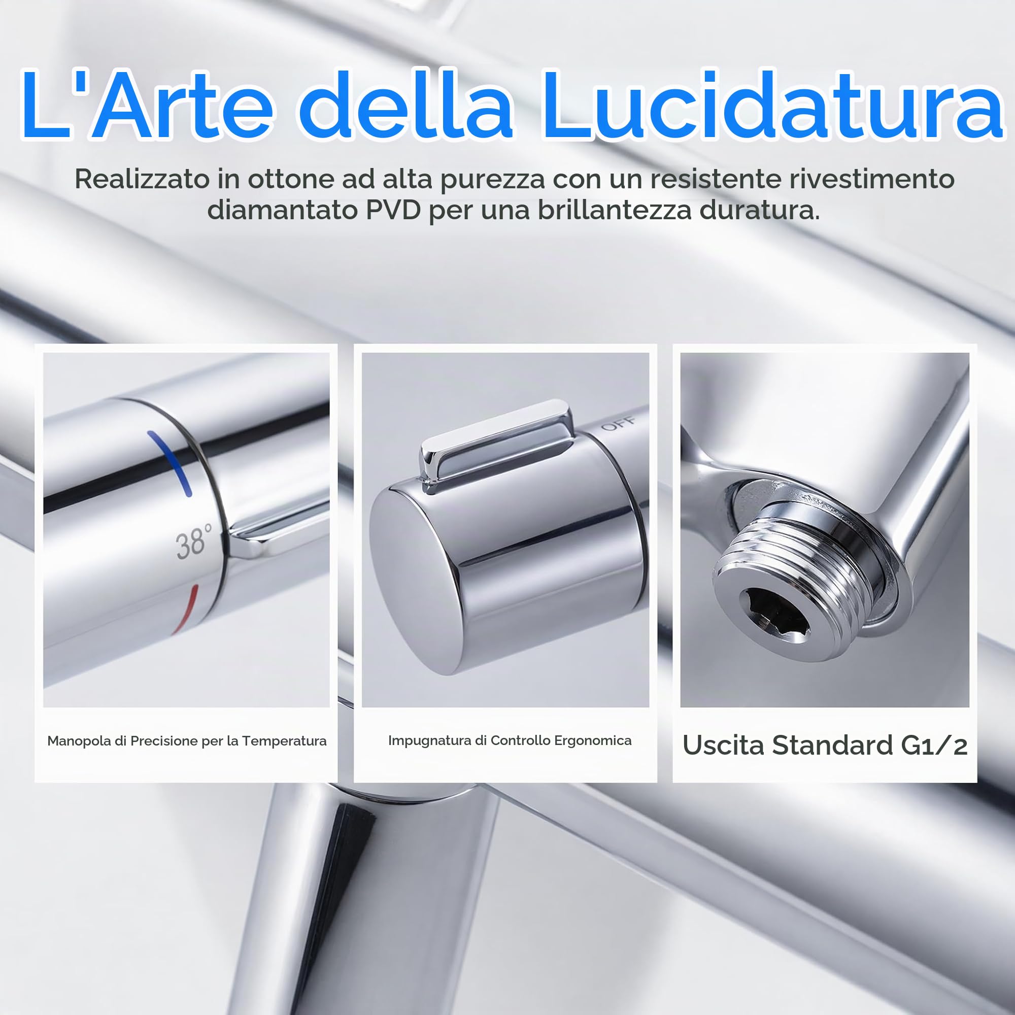 Rubinetto vasca da bagno Miscelatore Termostatico Doccia 38℃ Cromato | Vasca da Bagno Doccia Termostato G 1/2" Rubinetto Doccia a due Uscite Rubinetto doccia Termostatico in Ottone