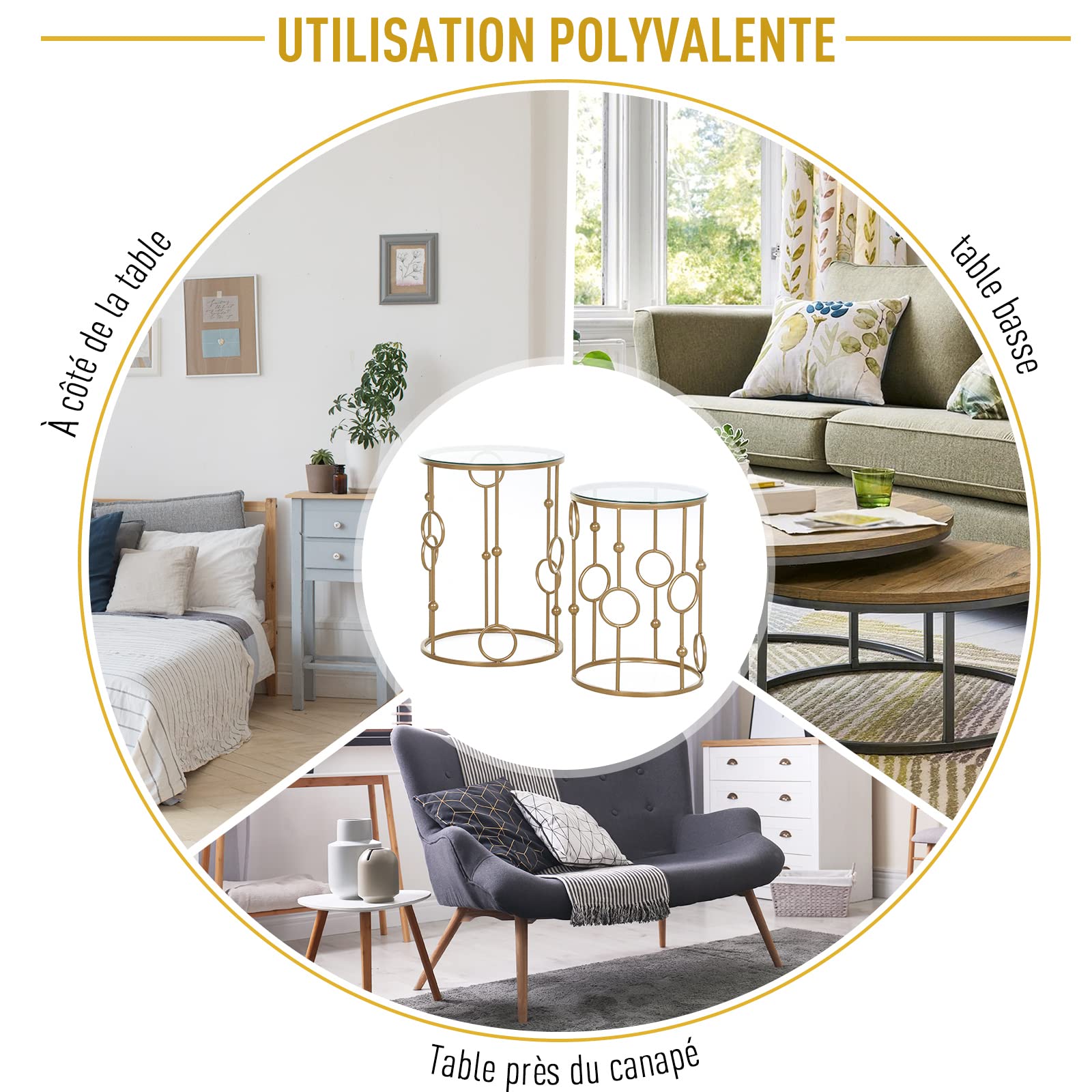 HOMCOM Tables gigognes Lot de 2 Tables Basses Rondes Design Style Art déco Ø 41 et Ø 36 cm métal doré Verre trempé 5 mm
