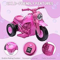 Vista 4 de Hetoy - Coche de burbujas para niños, motocicleta eléctrica de 6 V con batería de 1.9 MPH de velocidad con faros LED, música, pedal, Rosa