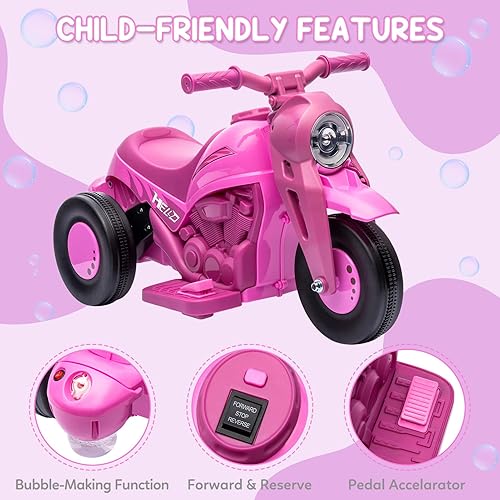 Miniatura 4 de Hetoy - Coche de burbujas para niños, motocicleta eléctrica de 6 V con batería de 1.9 MPH de velocidad con faros LED, música, pedal,