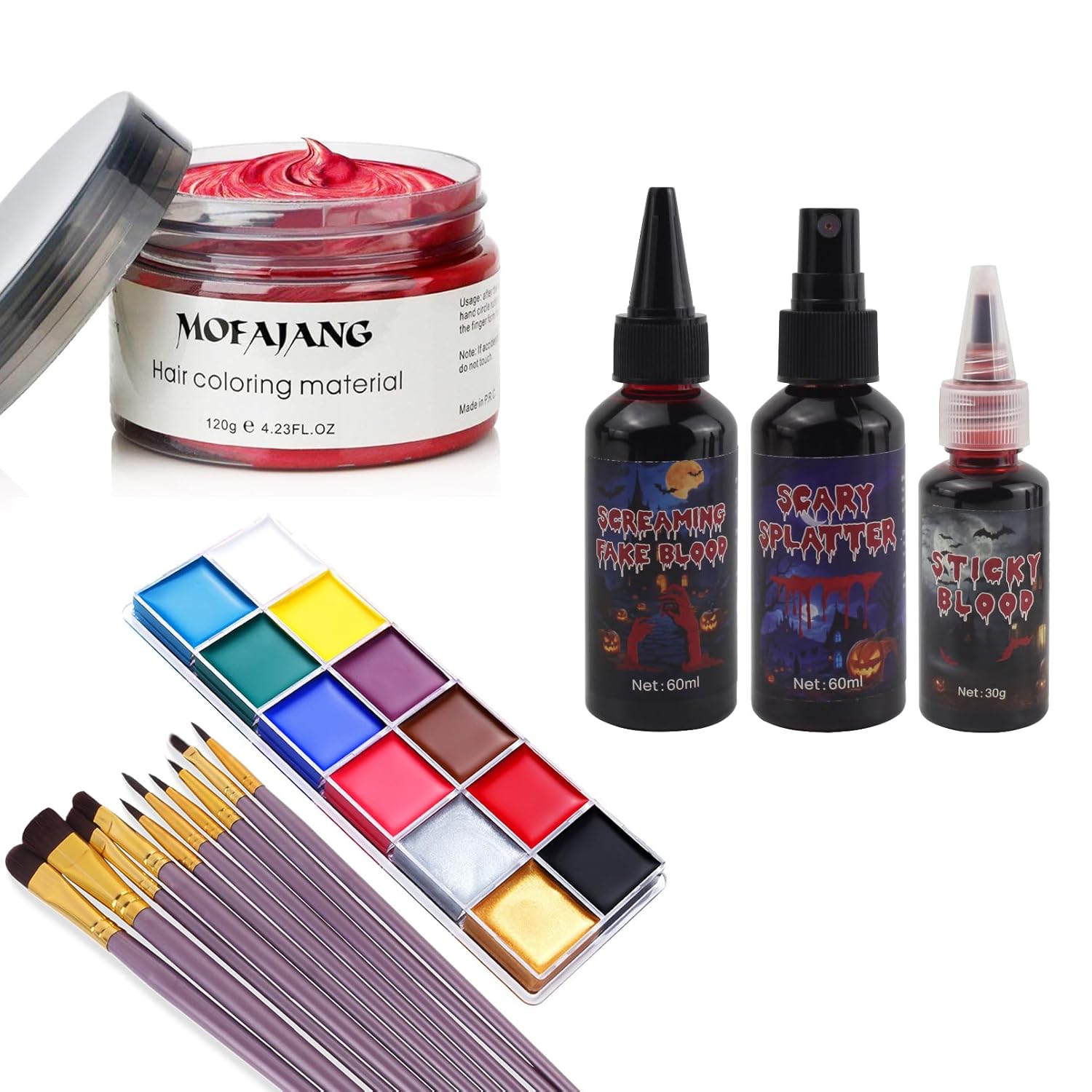 Halloween Kit, Red Temporary Hair Dye Wax, Fake Blood Washable, Face Paint Kit, Painting Palette with Brushes Body Paint