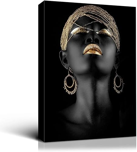 Looife Arte de pared en lienzo afroamericano, 16.0 x 24.0in, color negro y dorado abstracto de belleza para mujeres, retrato de decoración de pared,