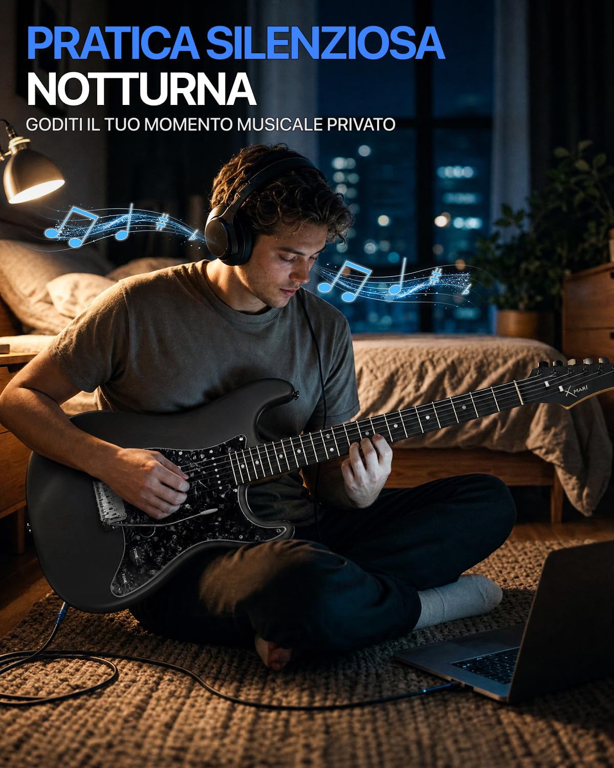 Enya XMARI - Chitarra elettrica intelligente con effetti DSP integrati, 4 preset, registrazione USB-C OTG, uscita cuffie, pickup in Alnico con bobina split, corpo in fibra di carbonio, amplificatore