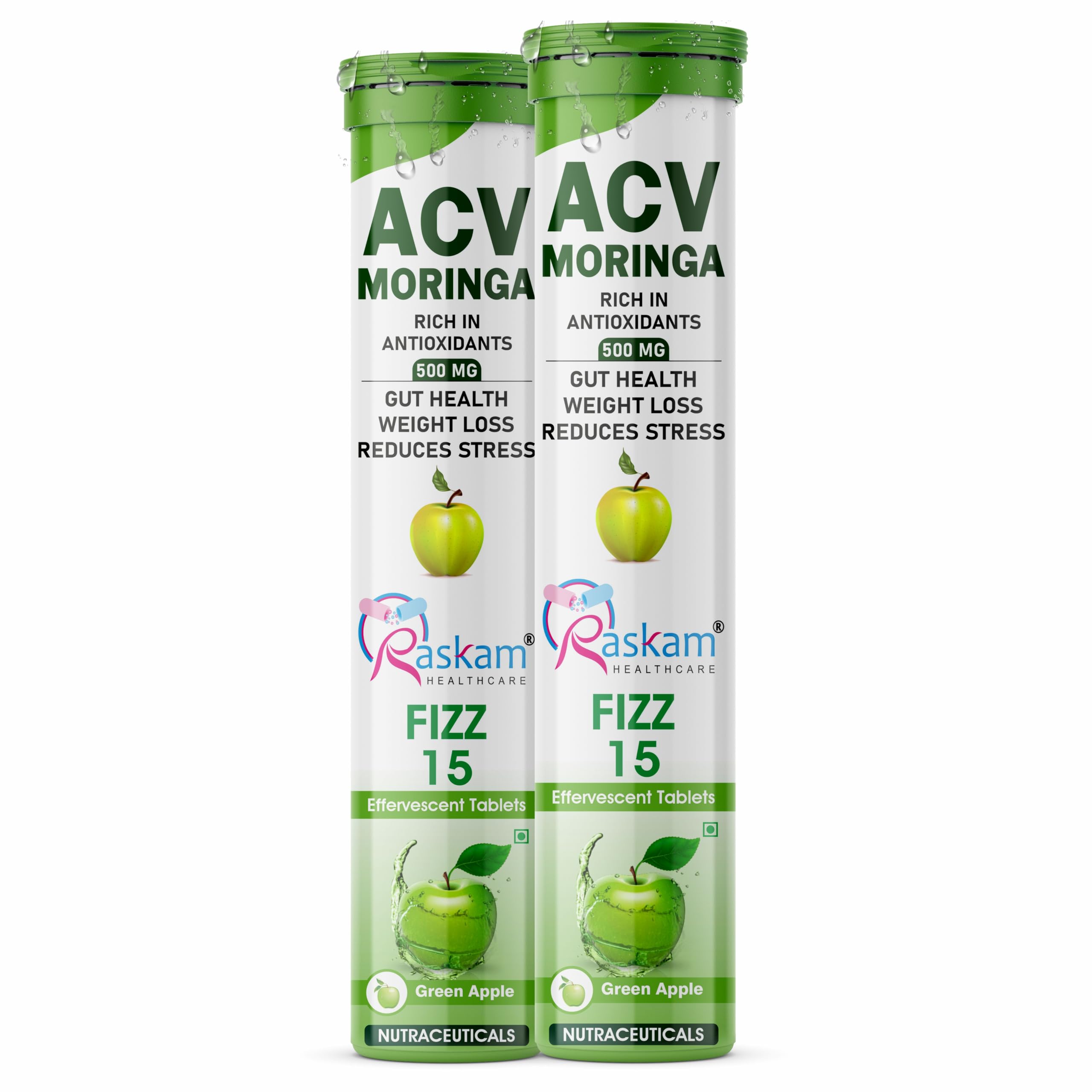 Raskam HEALTHCARE ACV Moringa 15 Effervescent Tablets Apple Cider Vinegar With No Added Sugar For Gut Health | Weight Loss | 500mg (Pack of 2, Green Apple)