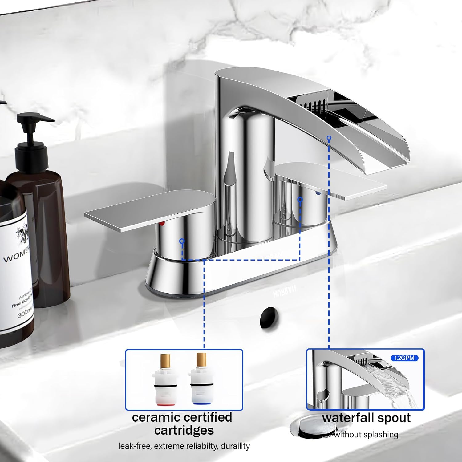 Bathroom Sink Faucet for 3 Hole, Hurran 4 Inch Bathroom Faucets with Pop-up Drain, Stainless Steel 2-Handle Waterfall Faucet for Bathroom Sink, Chrome