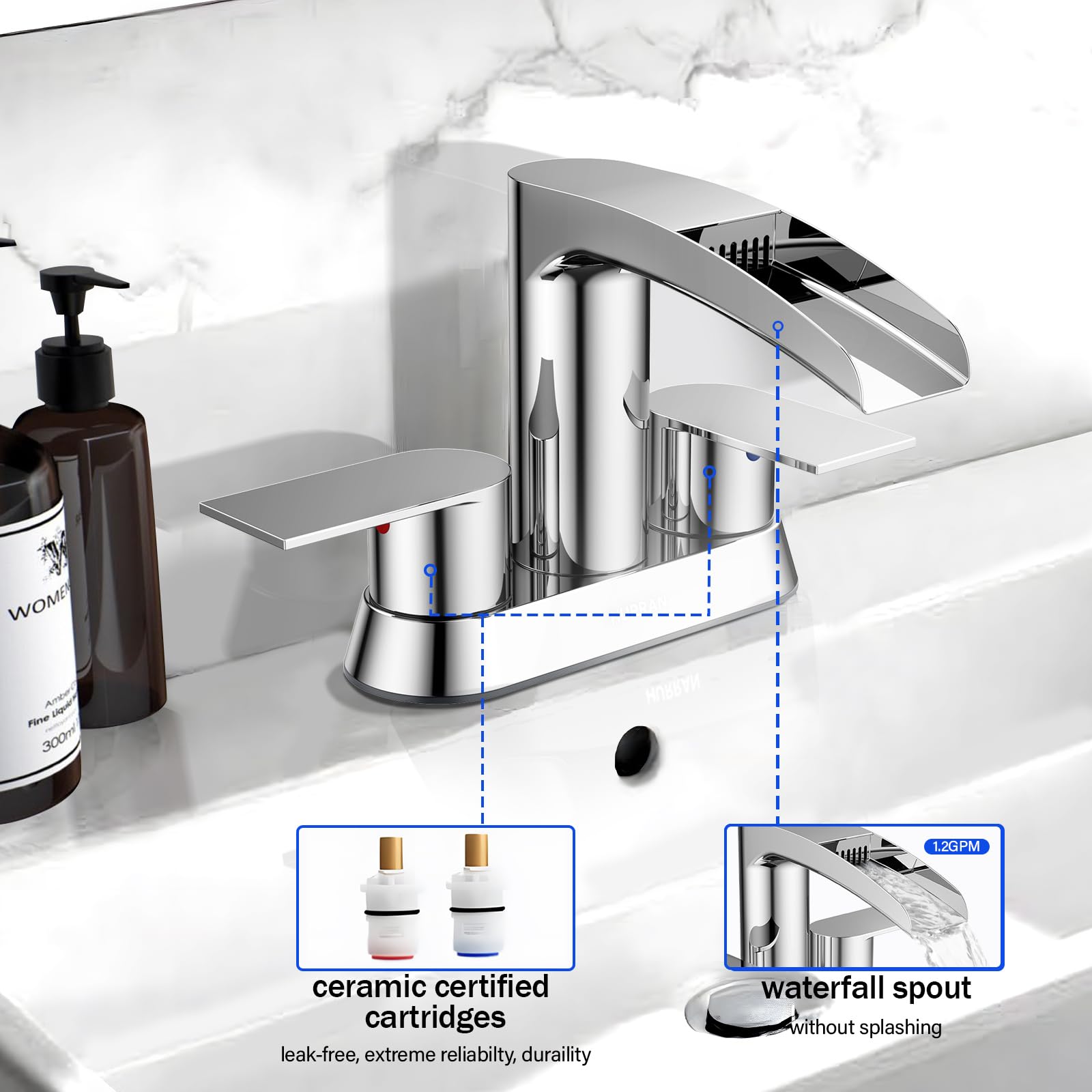 Hurran Rubinetto per lavabo da bagno a 3 fori, rubinetti da bagno da 10 cm con scarico pop-up, rubinetto a cascata a 2 maniglie in acciaio inox per lavabo da bagno, cromato