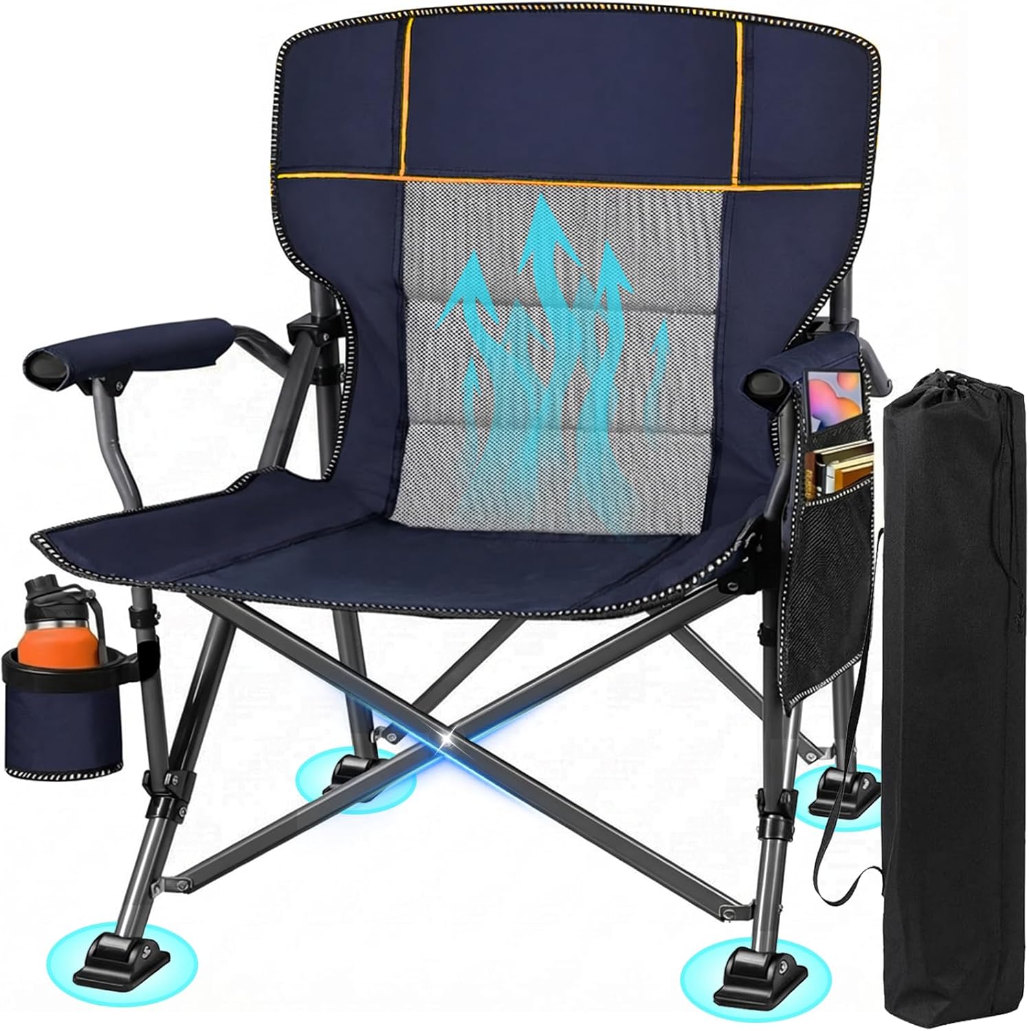 Oversized Camping Chairs, Heavy Duty Support 500 LBS, Foldable Outdoor Chair with Padded Back & Arm, Folding Lawn Chairs with Side Pockets & Cup Holder for Outside, Fishing, Camp & Garden
