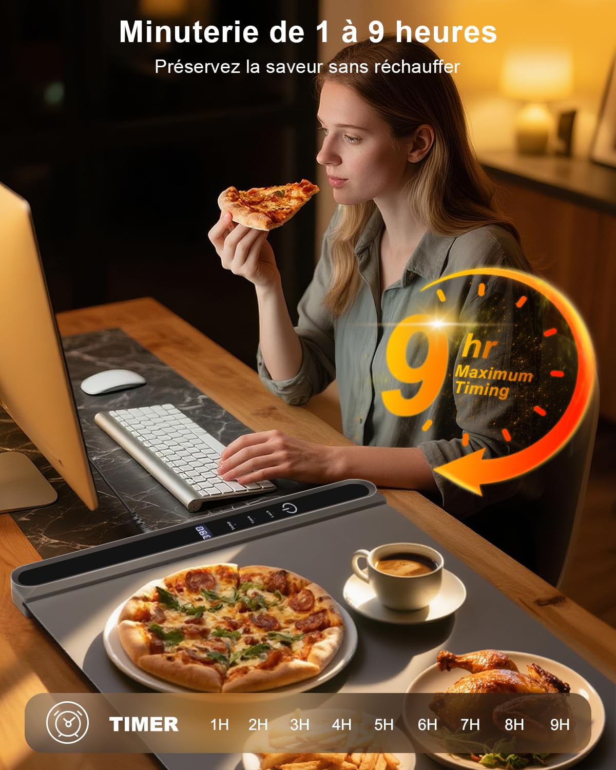 AUTOPkio Chauffe Plat Électrique, Pliable Plaque Chauffante 300W avec 6 Température 9 Minuteries, Verrouillage Enfants, Chauffe Assiette à Réchaud pour Buffets Fêtes Banquet