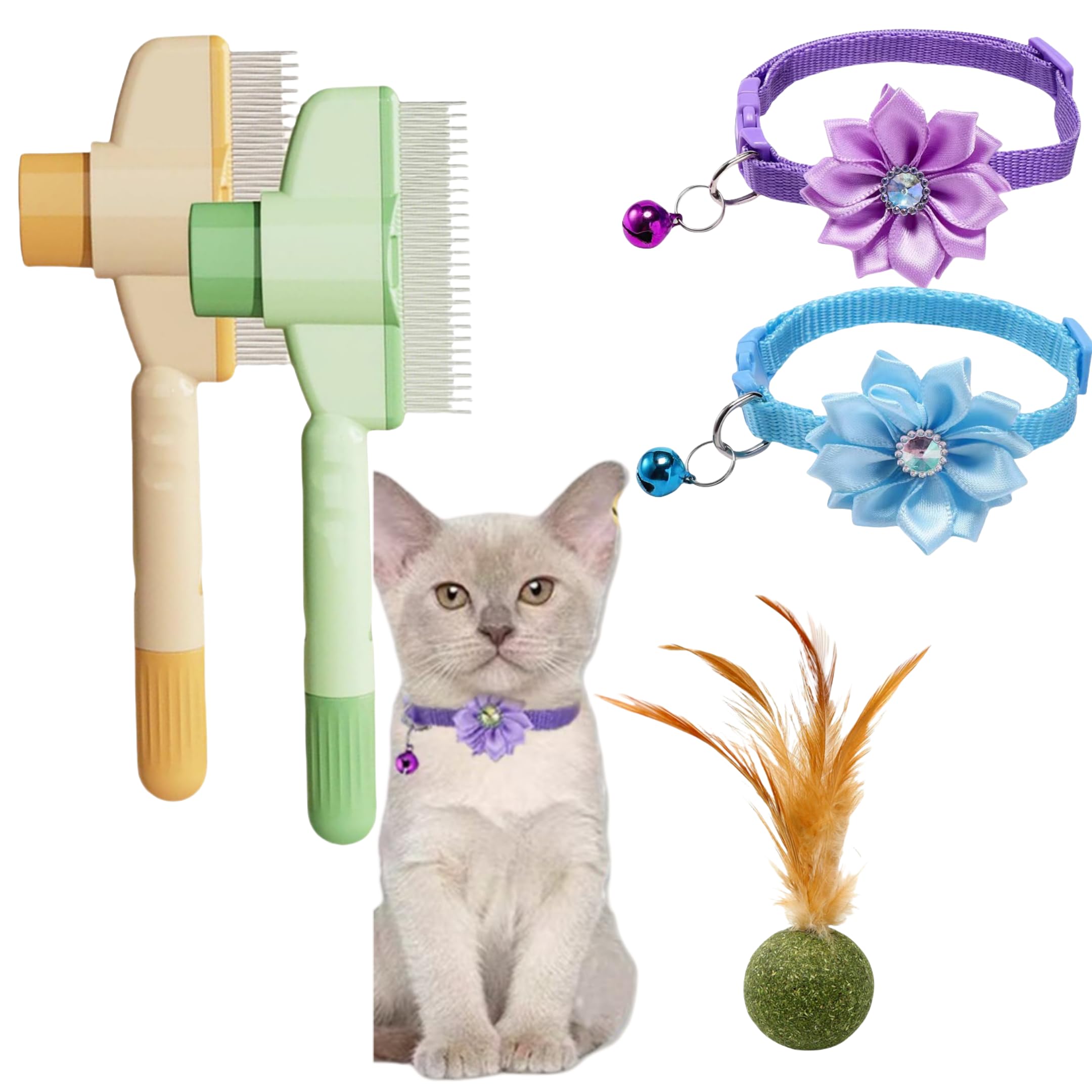 2 x Self-Cleaning Hair Removal Brush for Cats and Dogs + 2 x Collar + Catnip Play Ball - Double Set with Ergonomic Handle, Soft Massage and Complete Accessories