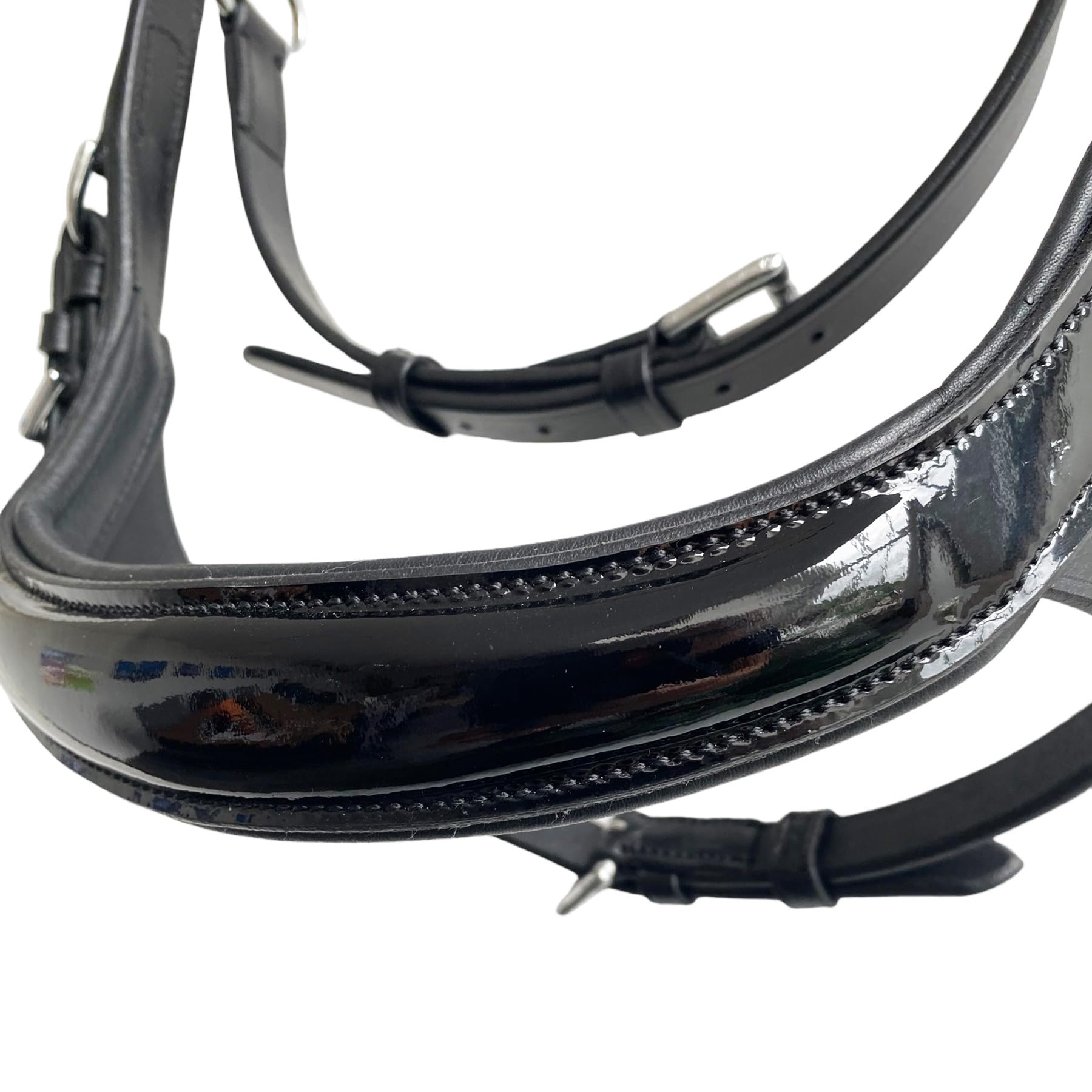 Premium Trense für Pferde mit Stirnriemen Lackleder, Schwartz - Anatomisch Trense mit Zügel - Zaumzeug Bridle Pferd Zubehör für Warmblut Full