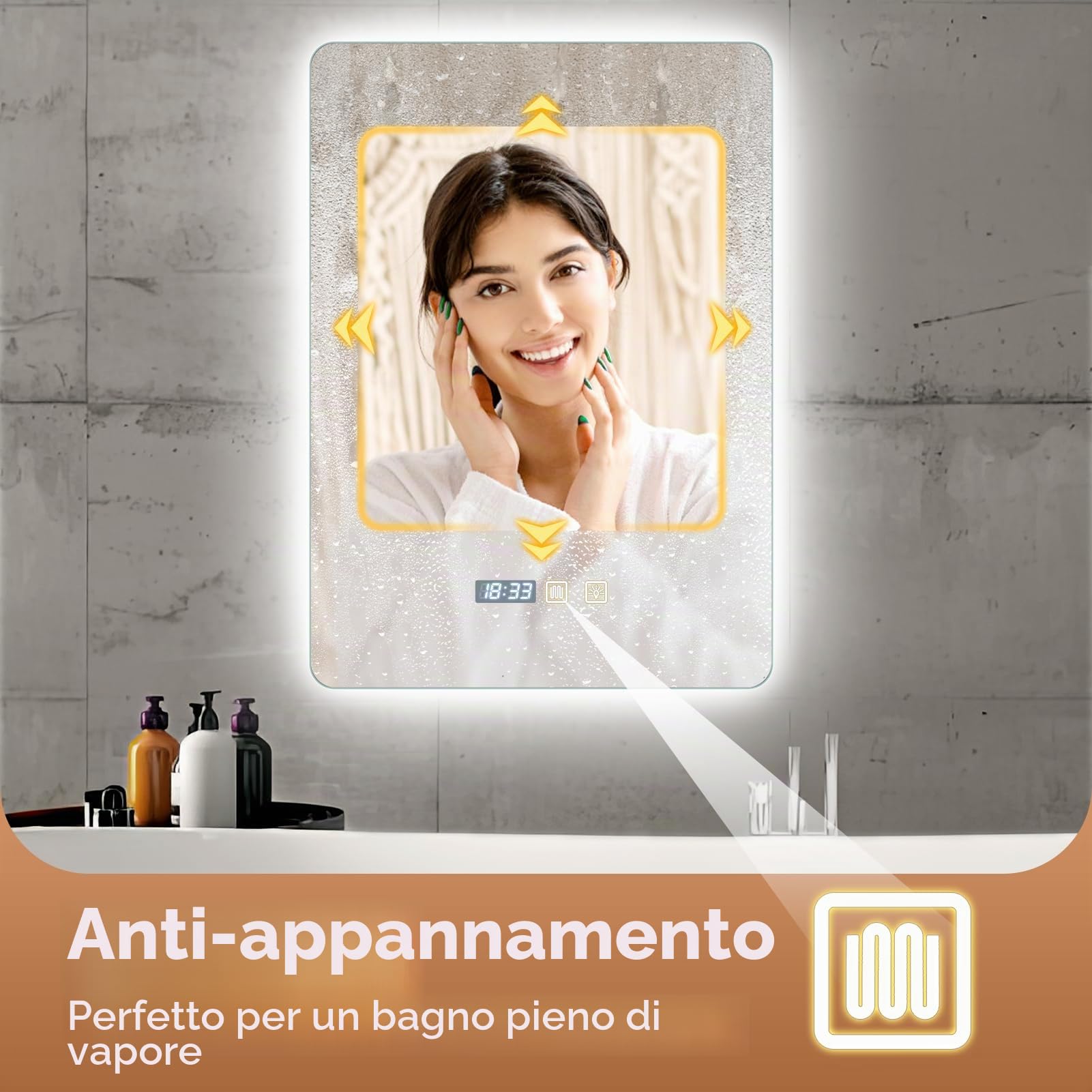 Specchio Bagno con Luce, quadrato 50×70cm e doppio interruttore touch, antiappannamento, luce dimmerabile a 3 colori, specchio demister con retroilluminazione per bagno