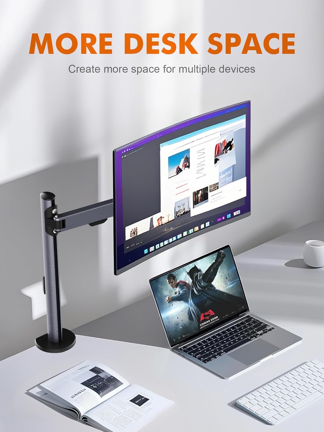 Workspace with a monitor mounted on the Ibergrif stand, showing organized cables and increased desk space.