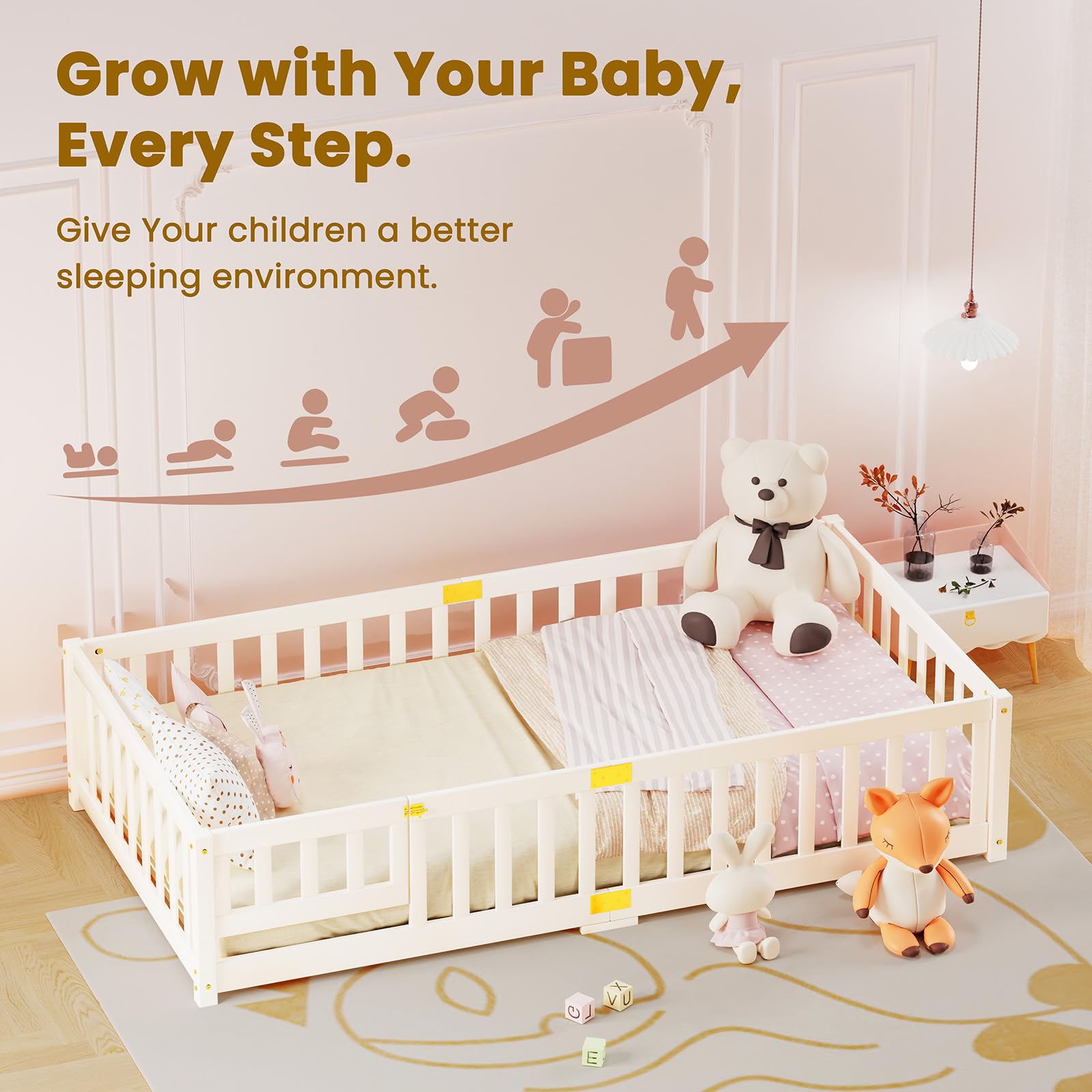 Montessori-Bodenbett 90×200 cm Kiefernholz massiv mit Rausfallschutz weiß für Kinder 1–3 Jahre