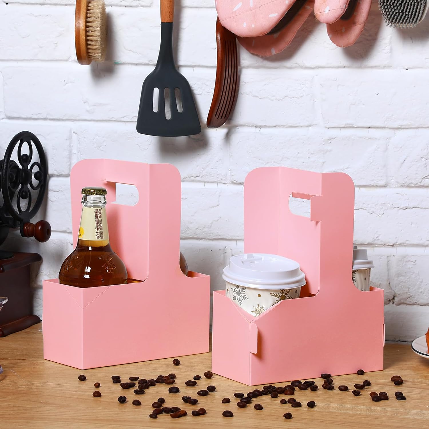 Kosiz 60 Pcs 2 Cup Drink Carrier with Handle 6.9 x 3.2 x 8.9 Inch Coffee Holder Paperboard Drink Carrier for Hot and Cold Beverage Takeout Cafe and Restaurant Wedding Food Delivery(Pink)