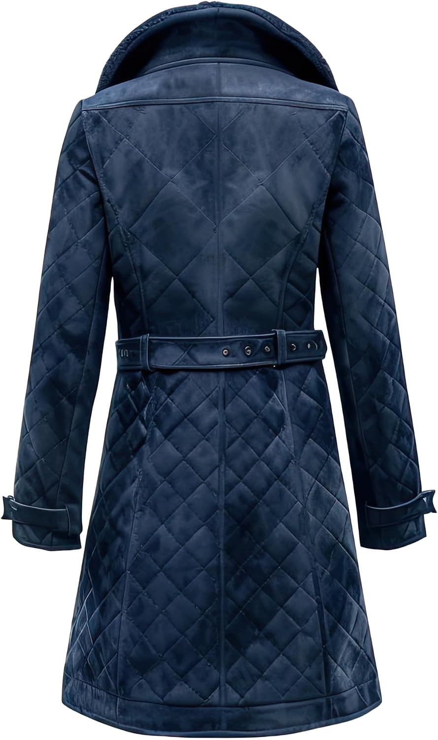 Women’s Navy Blue Suede Trench Coat Double Breasted Knee Length Autumn Quilted Leather Outerwear With Belt & Diamond Stitch