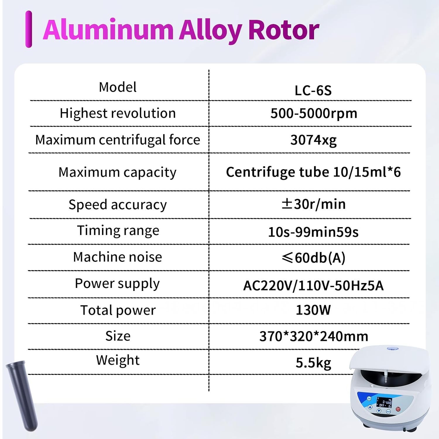 Centrífuga de Laboratorio 10ml/15ml x 6, 500-5000r/min (Max 3074xg RCF), Lab Benchtop Centrifuge Machine Timer 10s-99min, Low Noise ≤ 60dB for Scientific Research, Biological Labs & Colleges
