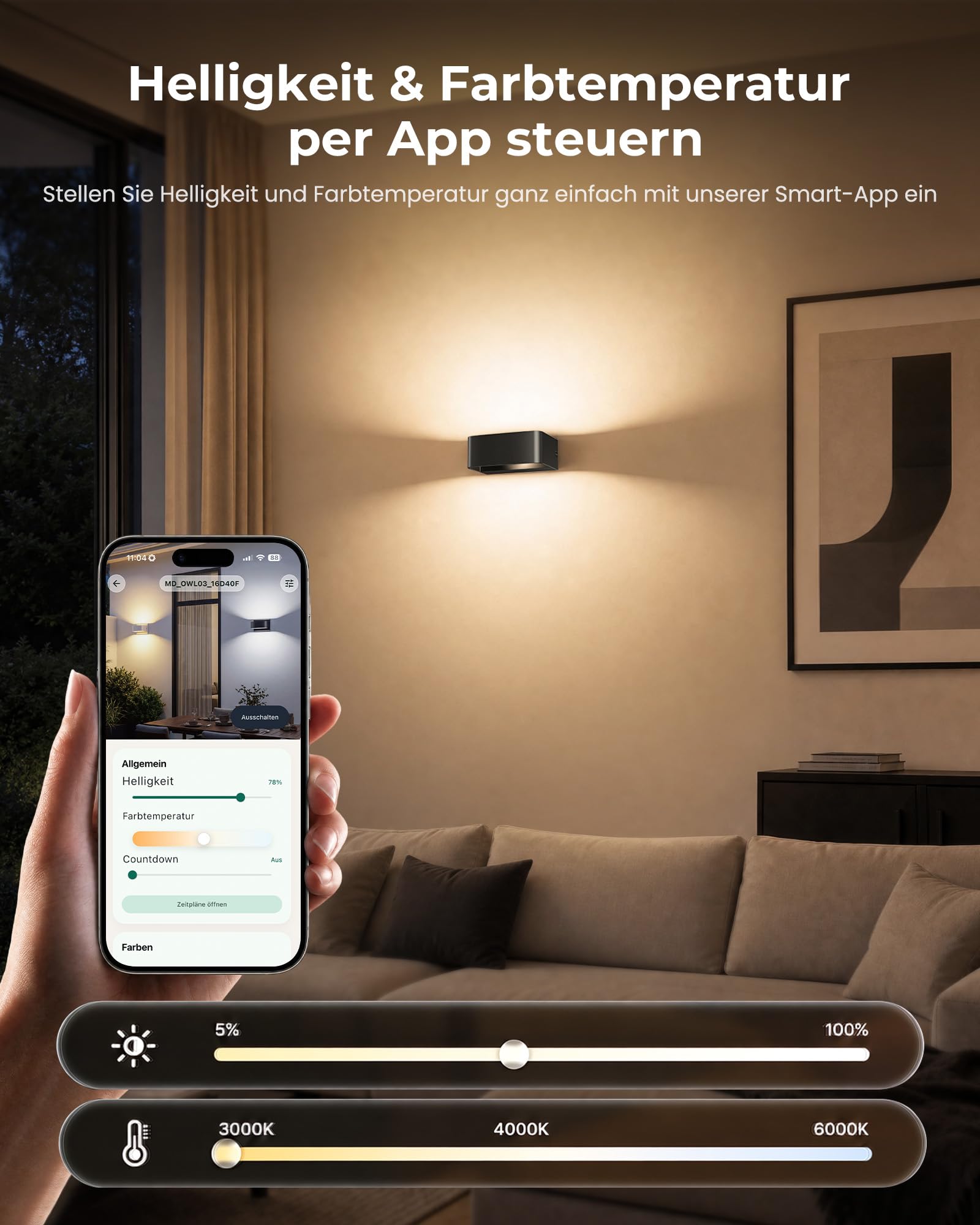 Applique murale avec contrôle par application, lampe murale d'intérieur à intensité variable avec millions de couleurs RVB, lampe d'extérieur étanche IP65, Lampe d'ambiance de câblage