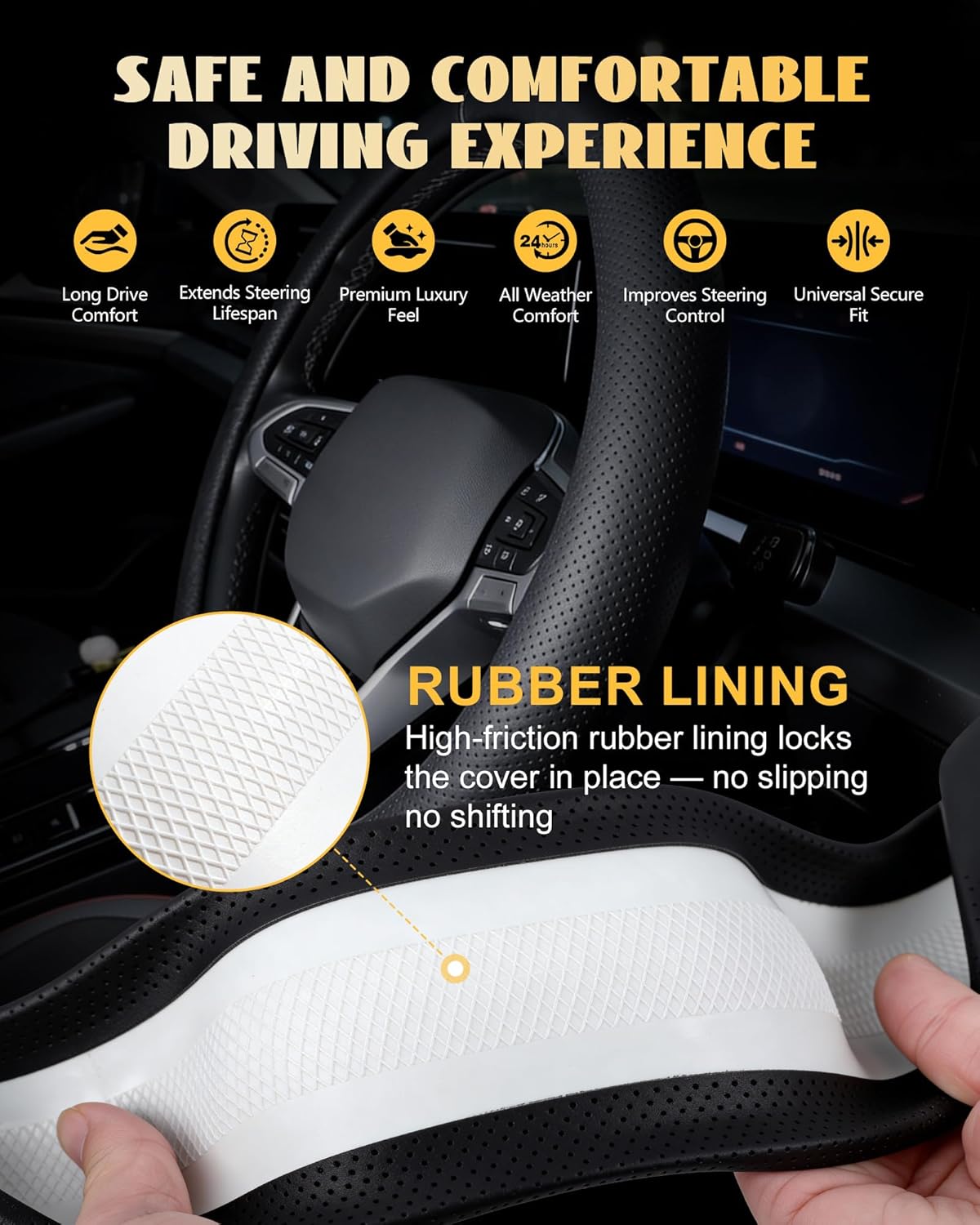 Car Leather Steering Wheel Cover, Premium Nappa Leather with Anti-Slip Lining, Universal 15 Inch, Fits SUVs, Vans, Sedans, Trucks, Black