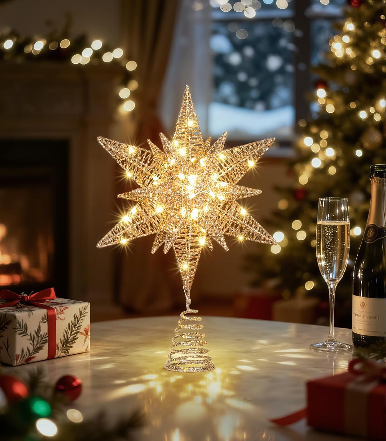 Luxspire Christmas Tree Topper, Double-Layer Glitter Metal 3D Lighted Tree Topper with USB Plug in & Remote Control, 10.6" Christmas Decorations Lights for Home Party, Hexagram-Champagne Gold