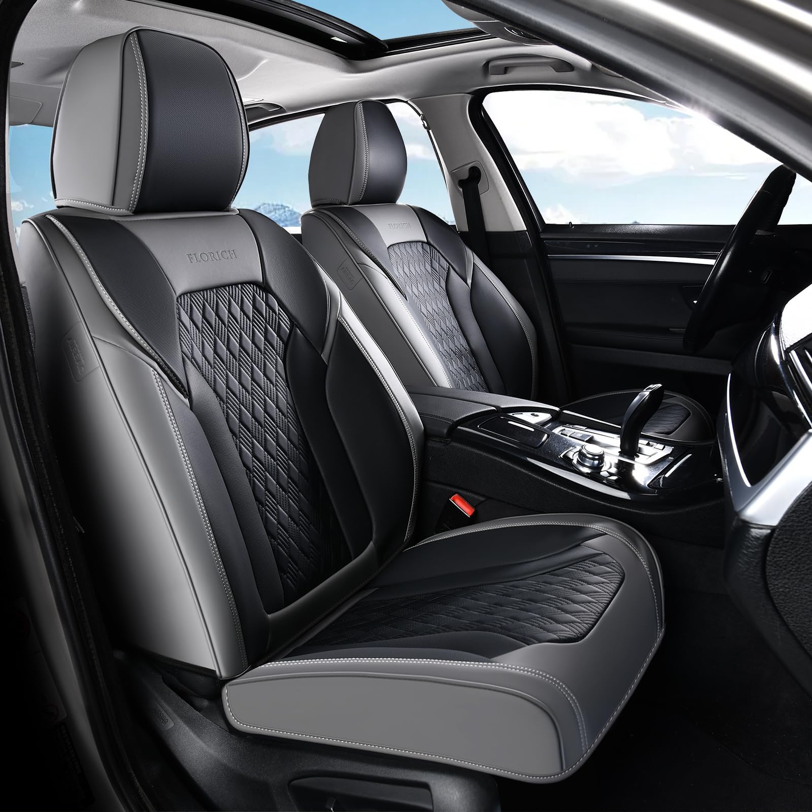 Seat Covers, Car Seat Covers Front Seats, Luxury Nappa Leather Seat Covers, Breathable and Waterproof Car Seat Protector 2 Seat, Automotive Seat Covers Universal for Most Cars-Gray&amp;Black