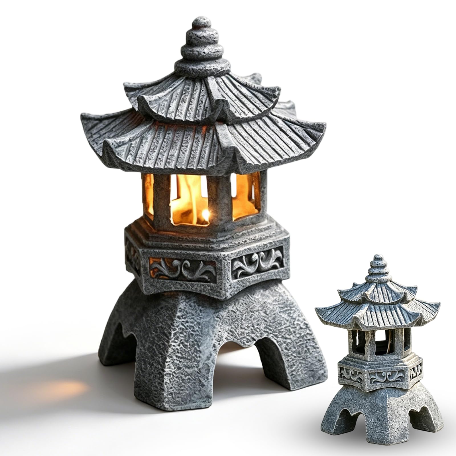 Lanterne japonaise en pierre résine H24cm et pagode solaire LED pour jardin
