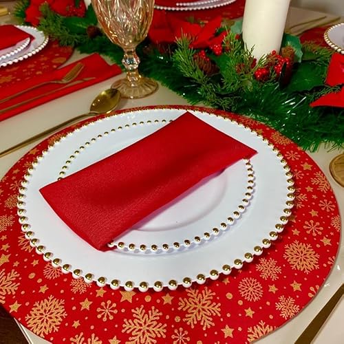 Kit 18 Peças: 06 Capas de Sousplat + 06 Guardanapos + 6 MDF Natal Vermelho e Dourado Flocos de Neve