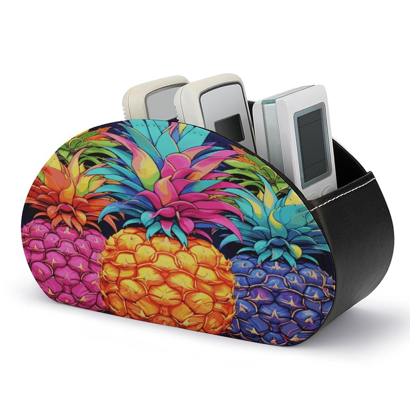 VstaDank Colorful Pineapple Remote Control Holder with 5 Compartments PU Leather Remote Caddy Desktop Organizer Store TV Remote Control Storage Box for Home Office Desk Nightstand