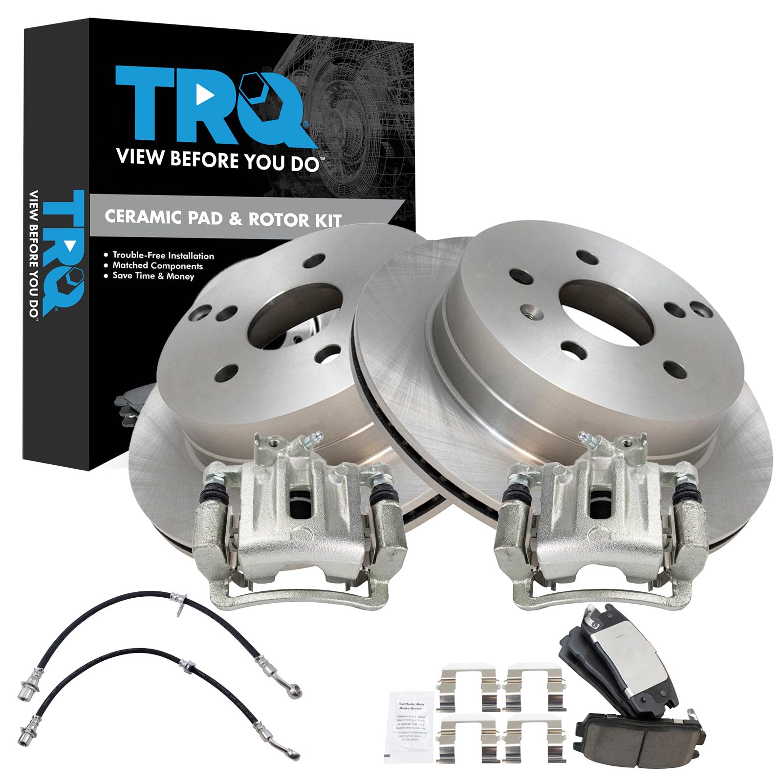 TRQ Rear Brake Pad &amp; Rotor Kit Ceramic Compatible with 2010-2012 Chevrolet Equinox 2010-2011 GMC Terrain