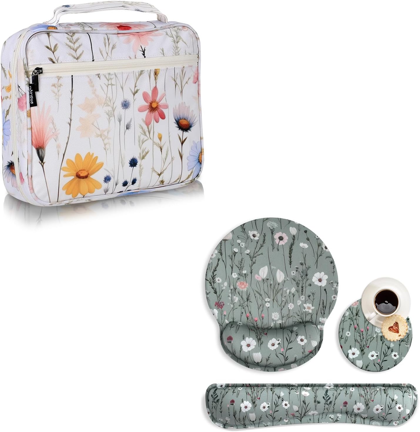 Waterproof Thick Bible Cover Case for Women, Large 11x9x3inch White Floral Bible Cover with Strap Pockets Zipper for Girls Ergonomic Mouse Pad and Keyboard Wrist Rest, Green Floral Mouse Pad with Wris