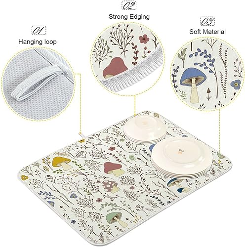 Miniatura 3 de Linda alfombrilla de secado de platos de hongos y plantas silvestres para encimera de cocina, almohadilla absorbente de microfibra, grande de 18x24