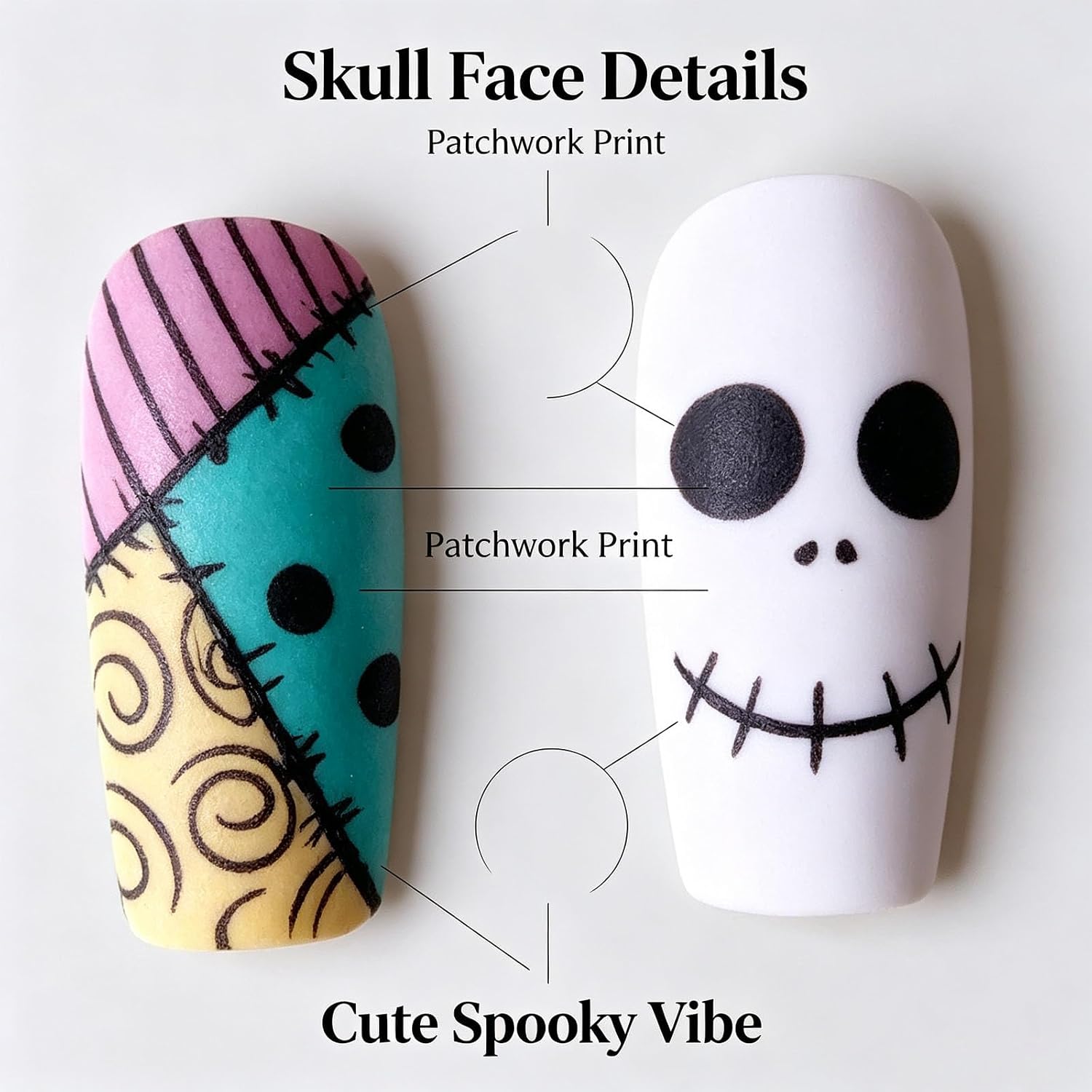 The Nightmare Before Christmas Halloween Press On Nails, Medium Long Taper Square Fake Nails with Jack Skellington & Sally Splicing Pattern, Gothic False Nail Tips for Holiday Party Women Girls