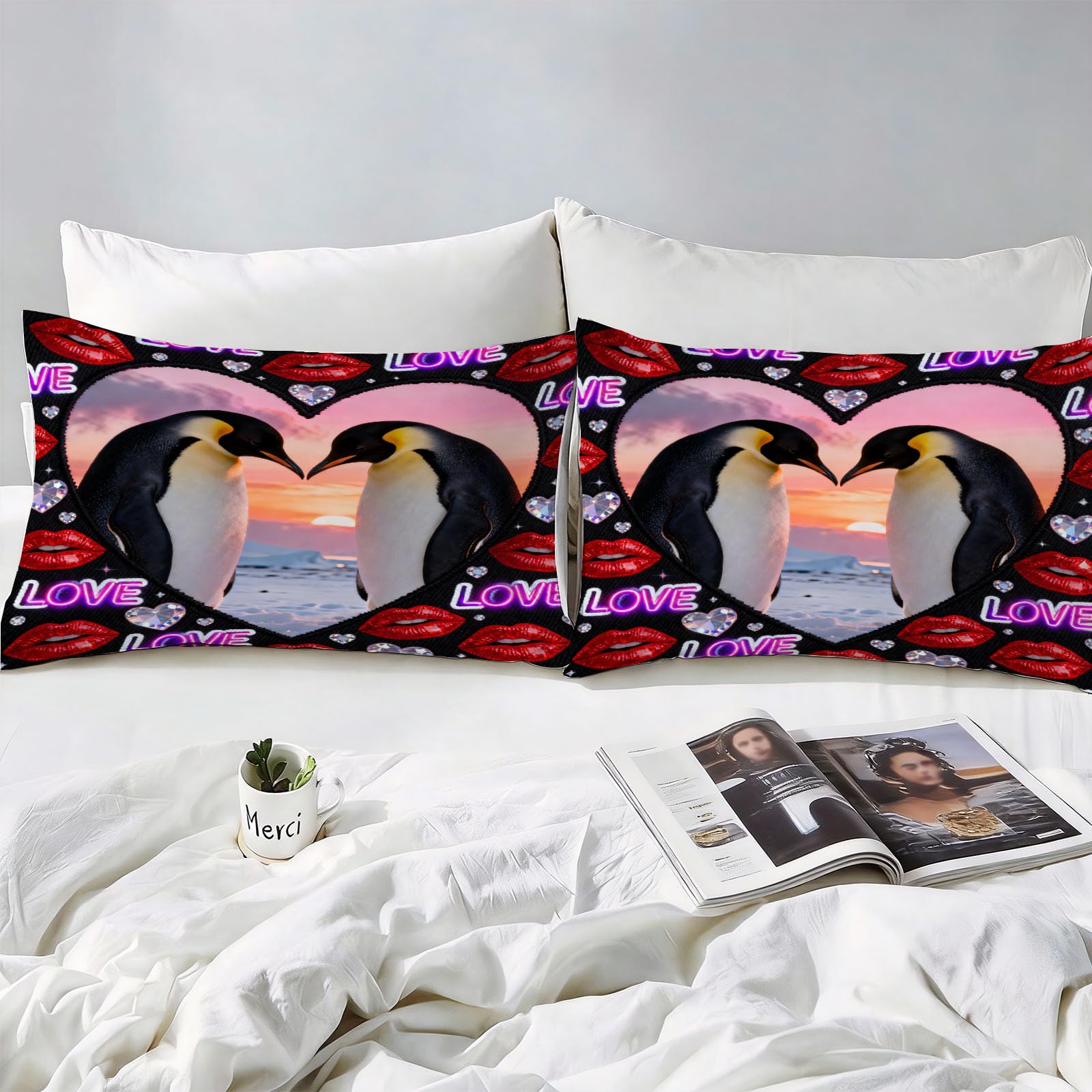 3D Pärchen Pinguin Bettwäsche 220x240 Romantisch Bettwäsche-Sets, Microfaser Bettbezug 3 Teilig Duvet Cover mit Reißverschluss und 2 Kissenbezug 80x80cm