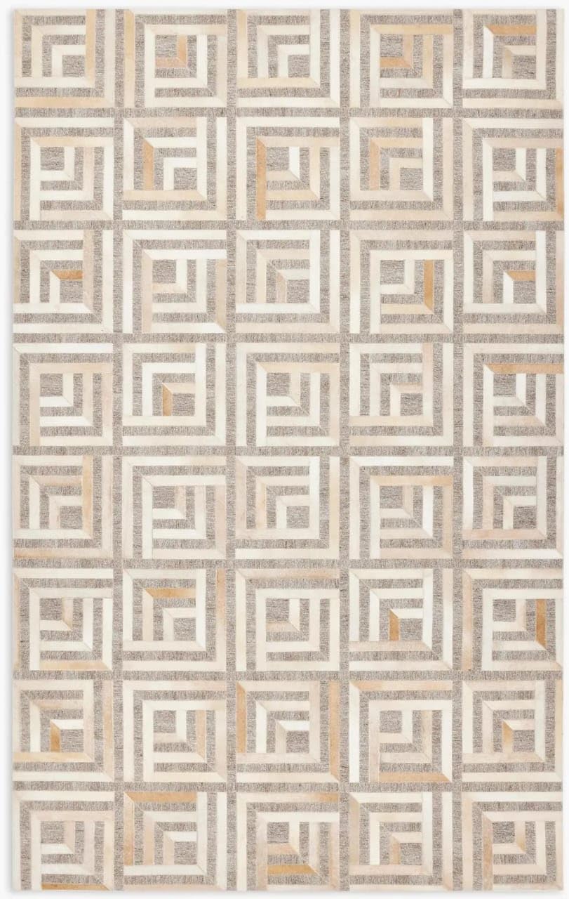 Leather and Jacquard Geometric Pattern Area Rug, Diamond Lattice Design, Black and Gray, (Natural Multi Beige/Grey-107, 6x9)