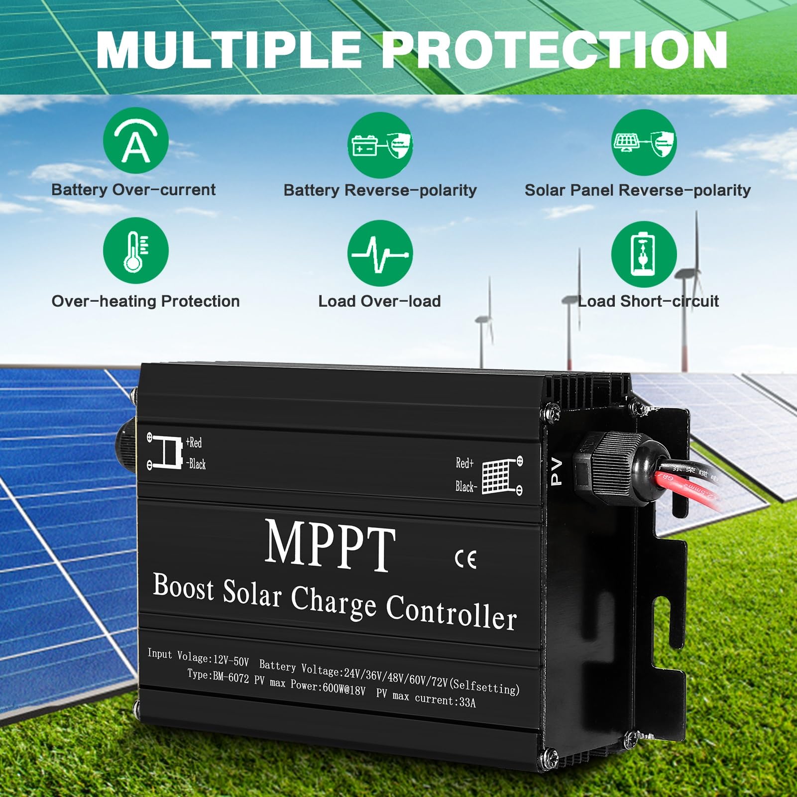 Jadeshay Regulateur de Charge Solaire MPPT, Contrôleur de Charge Solaire MPPT Boost 400W 24V 36V 48V 60V 72V Régulateur de Tension de Véhicule électrique