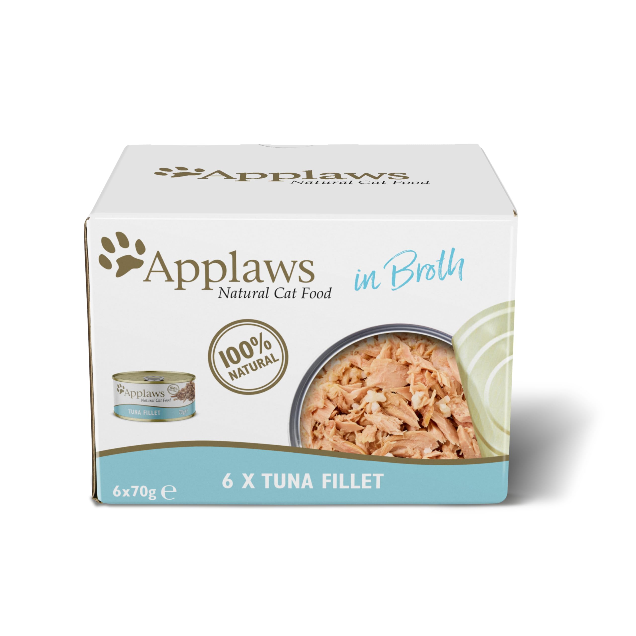 Applaws Comida Húmeda para Gatos Adultos, Filete de Atún 100% Natural en Caldo - Paquete de 4X(6x70g) Total 24 Latas