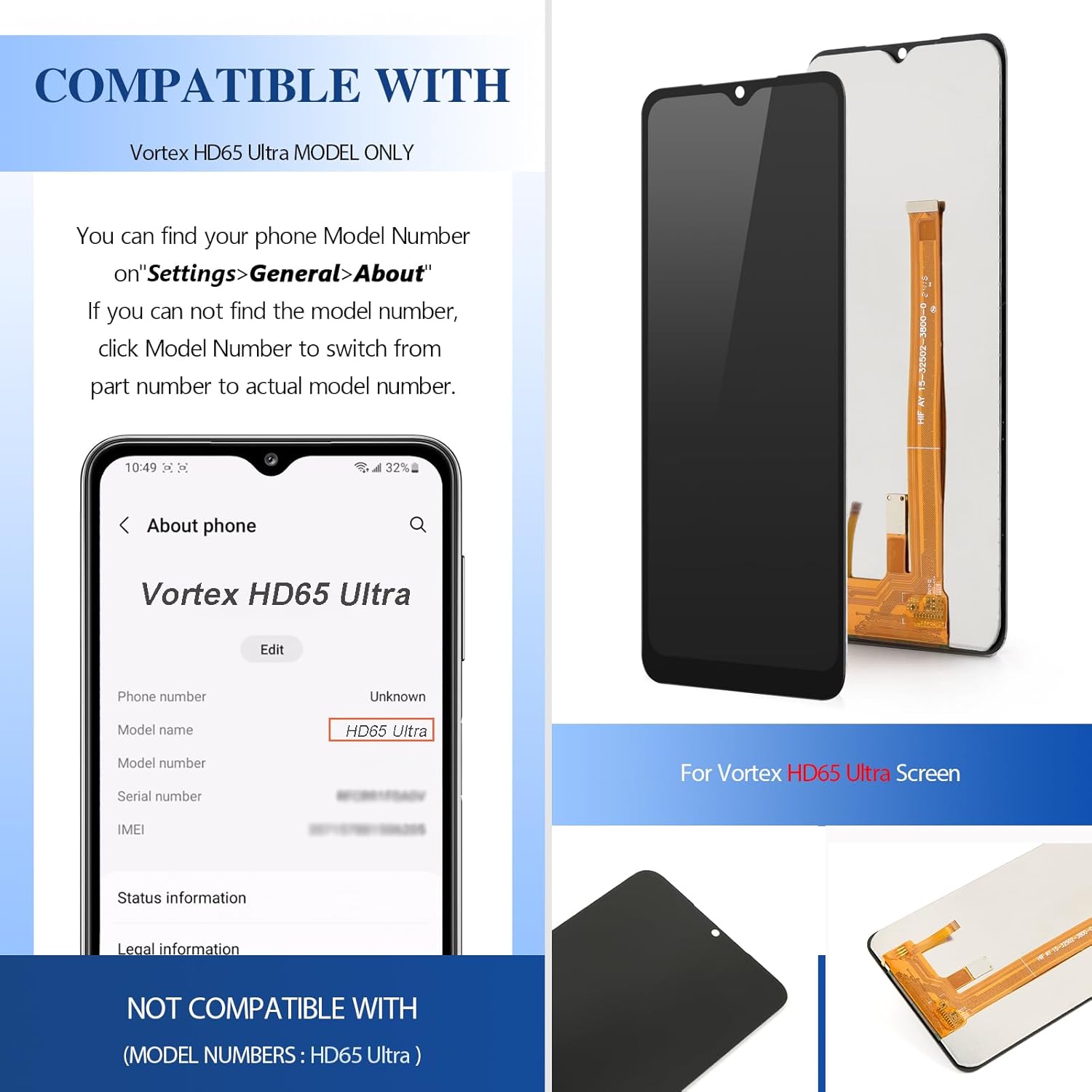 6.5 inches for Vortex HD65 Ultra Screen Replacement for Vortex HD65 Ultra LCD Display Touch Screen Digitizer Assembly with Repair Tools(Black)