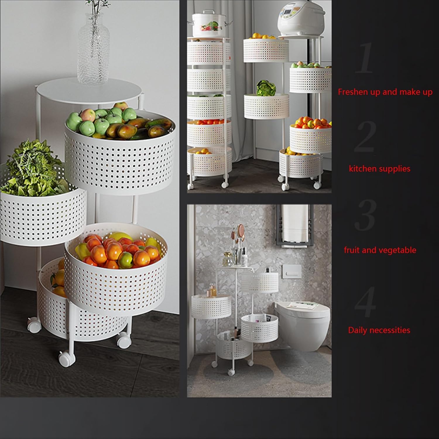 回転収納棚 トロリー キッチン ラウンド 収納ラック 360&deg; 床置き野菜ラック キッチン/バスルーム用(カラー: ホワイト、サイズ