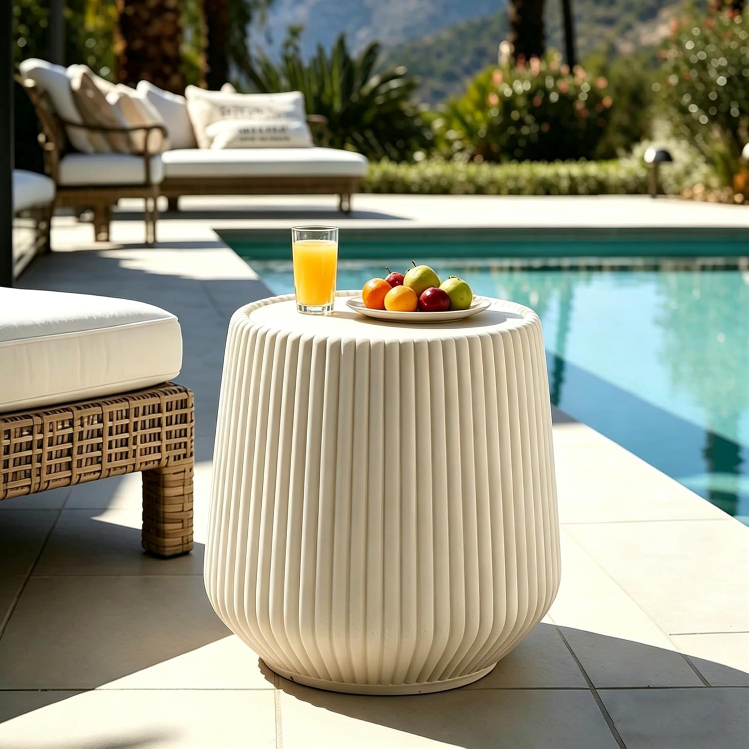 Round Outdoor Side Table, Modern MGO Concrete Fluted End Table with Faux Travertine Finish, Minimalist Patio Side Table for Living Room,Garden,Balcony,Fully Assembled,Light Beige