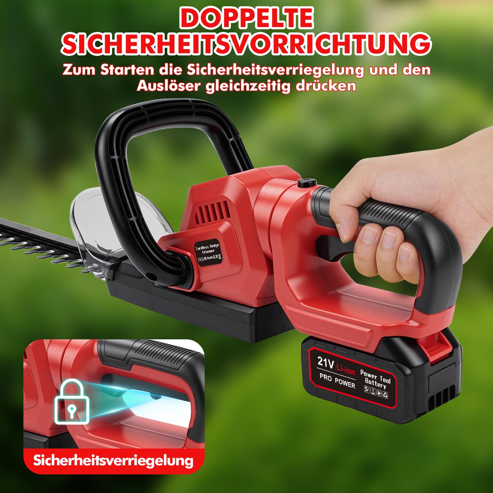Heckenschere Akku, 21V 850W Elektrischer Heckenschneider mit 20 Zoll Klinge, 18 mm Zahnabstand, für Garten, Sträucher und Hecken, Sicherheitsdoppelschalter und 180° Drehbarem Griff (2 Akkus)