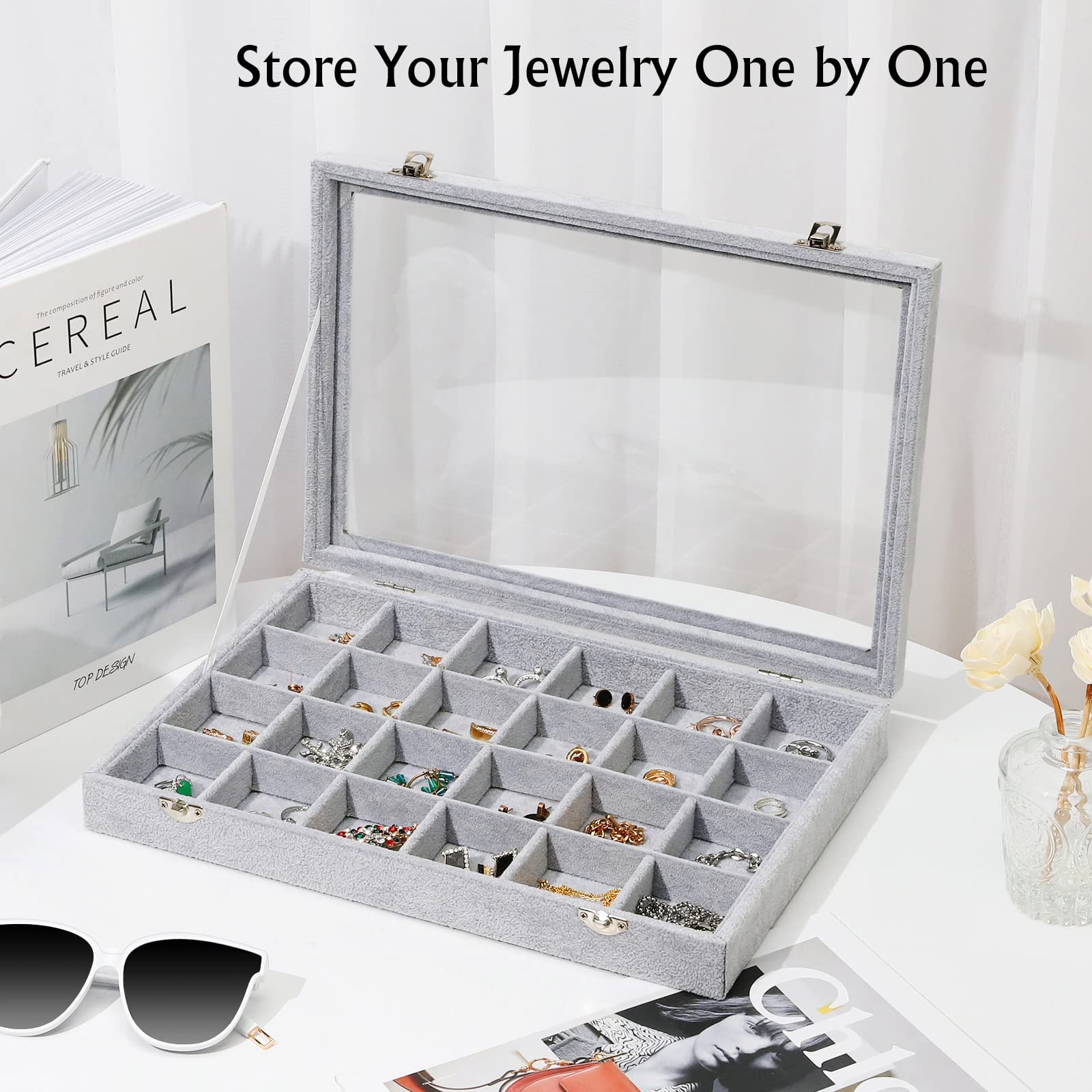 Emibele Velvet Jewelry Tray Organizer Box, 24 Grids with Clear Lid | Rings Earrings Bracelets Necklace Organizer Tray Showcase Display Jewelry Storage Case with Detachable Inner Dividers, Grey
