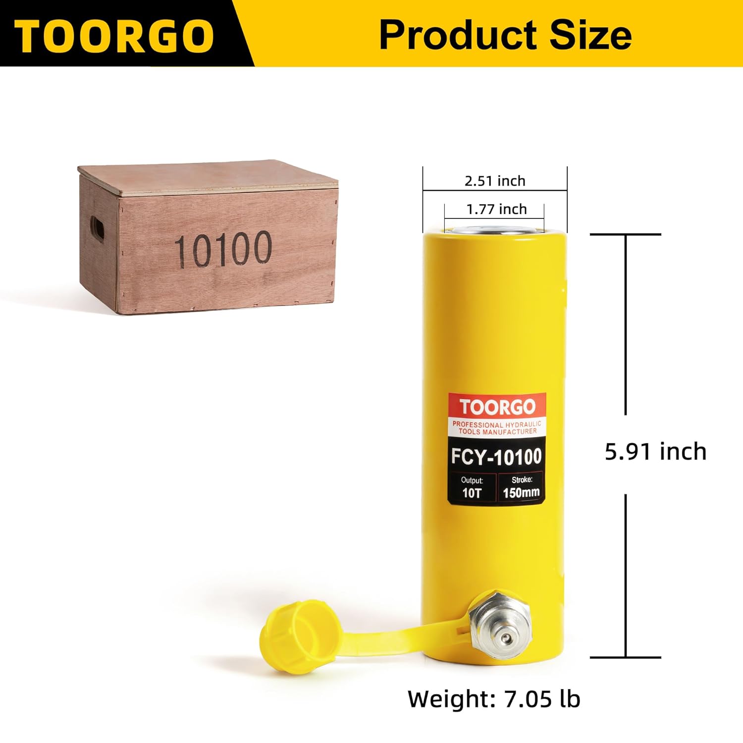 10T 4Inch Stroke Porta Power Single Acting Lifting Cylinder for Shipbuilding, Machinery and Industry, Automatically Retract Split Hydraulic Cylinder Jack, Yellow