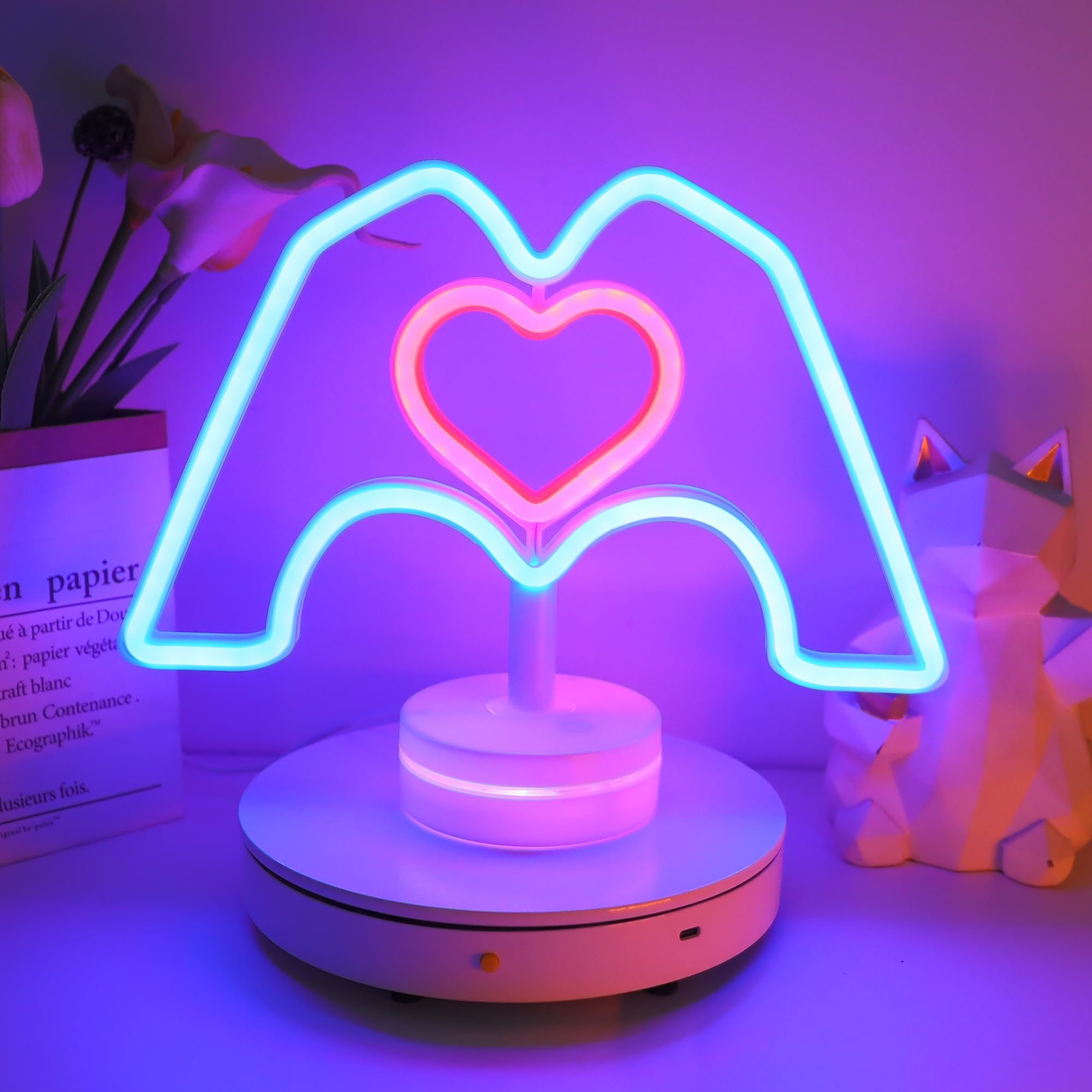 ENUOLI Heart Hands Neon Sign Pink Heart &amp; Blue Hand Neon Light Room Decor